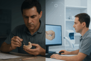 Dental technician transitioning from traditional manual methods to digital design tools, illustrating the evolution from craftsmanship to modern CAD/CAM technology in dental labs.
