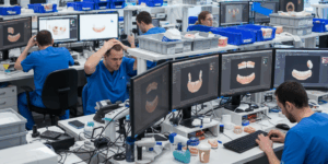 Overwhelmed dental technicians in a busy, modern lab, surrounded by multiple computer screens displaying complex CAD designs and various dental models, reflecting a high volume of work