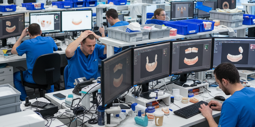 Overwhelmed dental technicians in a busy, modern lab, surrounded by multiple computer screens displaying complex CAD designs and various dental models, reflecting a high volume of work.